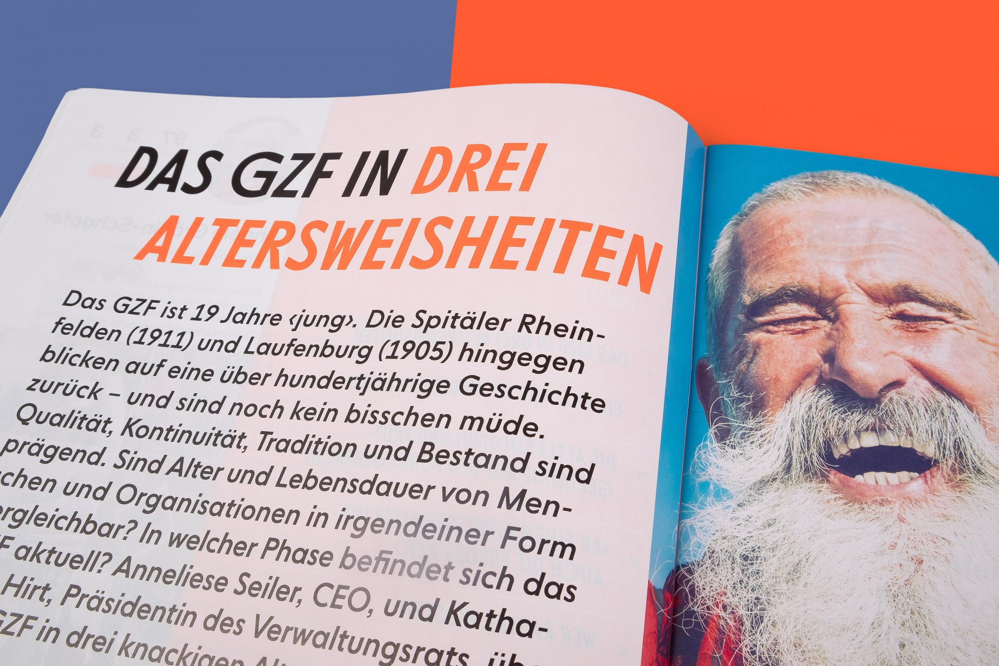 Detailansicht Text-Bildkomposition. Mit lachendem Mann mit weissen bart