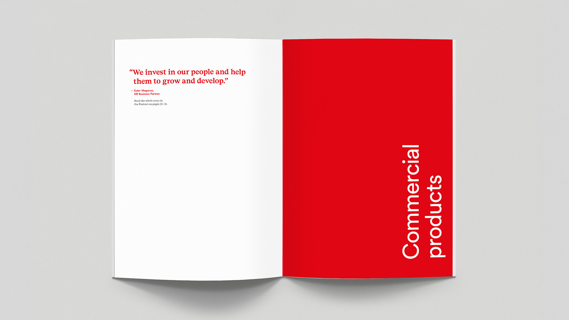 Doppelseite mit Zitat und Kapitelopener «Commercial Products» aus Basilea Annual report