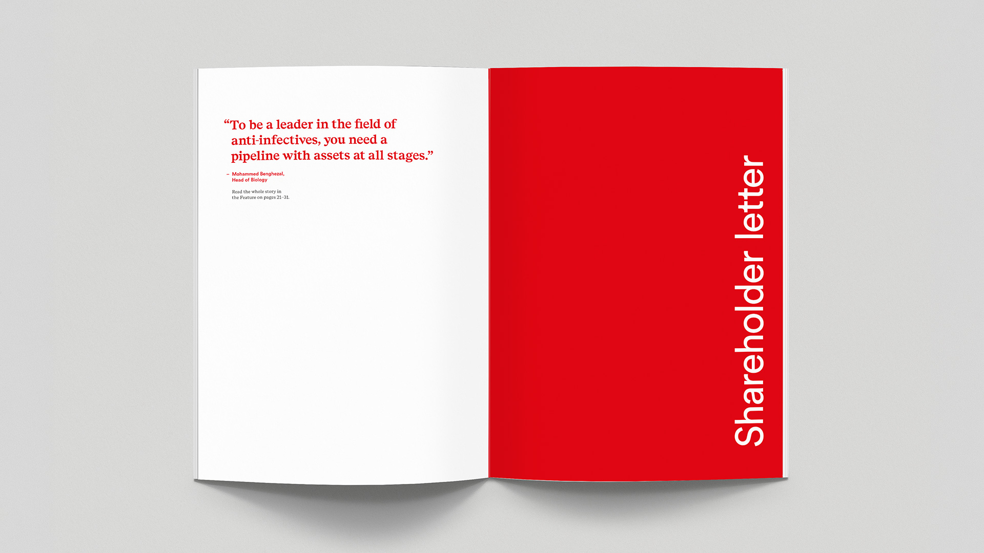 Doppelseite mit Zitat und Kapitelopener «Shareholder Letter» aus Basilea Annual report