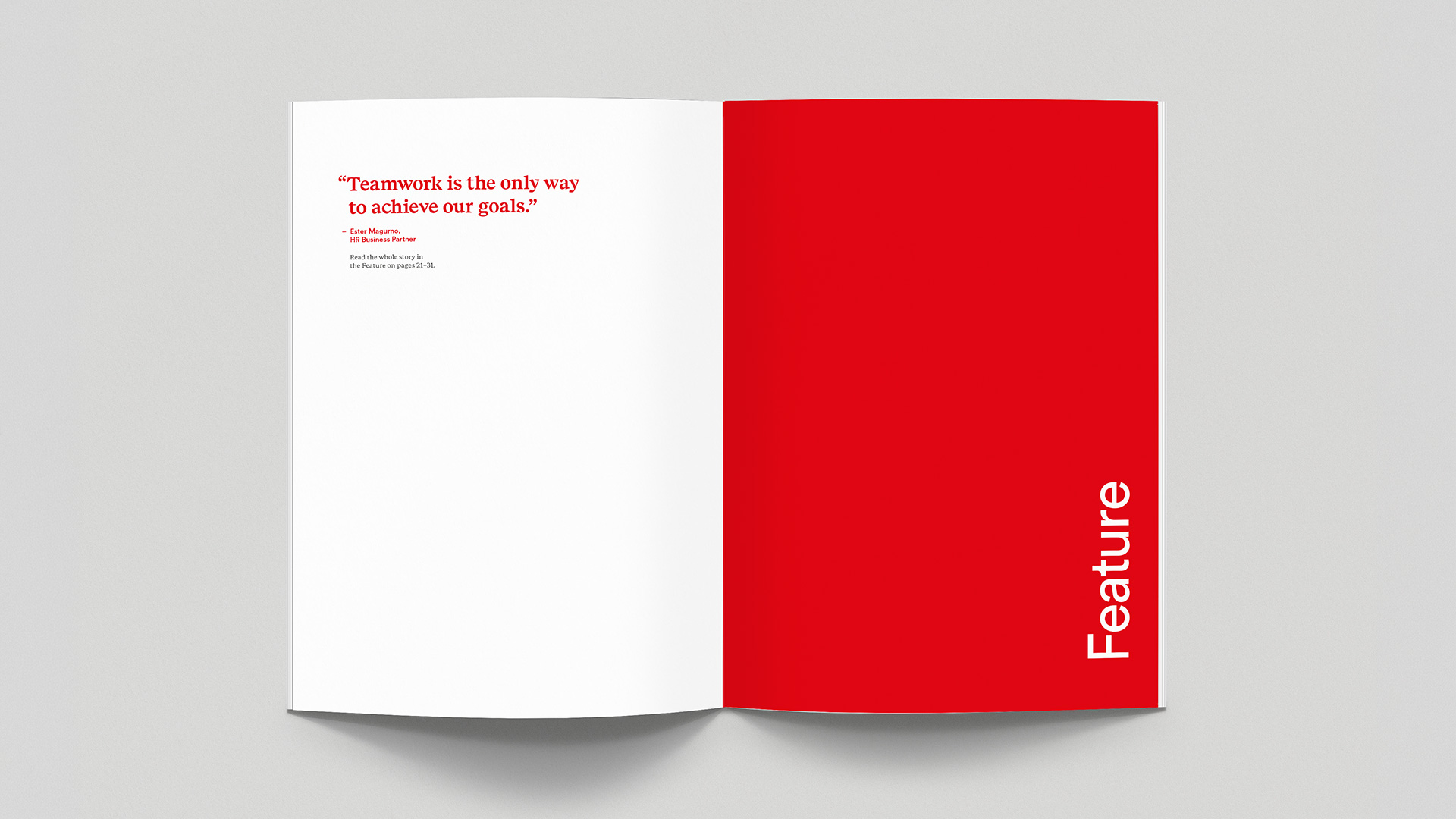 Doppelseite mit Zitat und Kapitelopener «Feature» aus Basilea Annual report