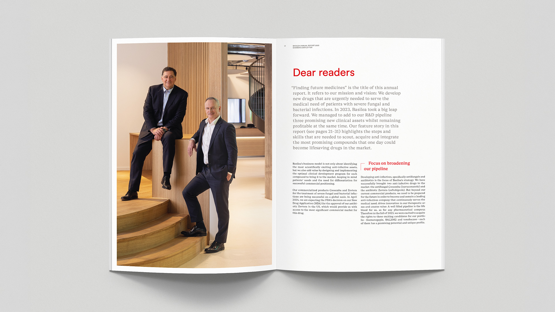 Doppelseite mit Porträts David Veitch und Domenico Scala aus Basilea Annual report