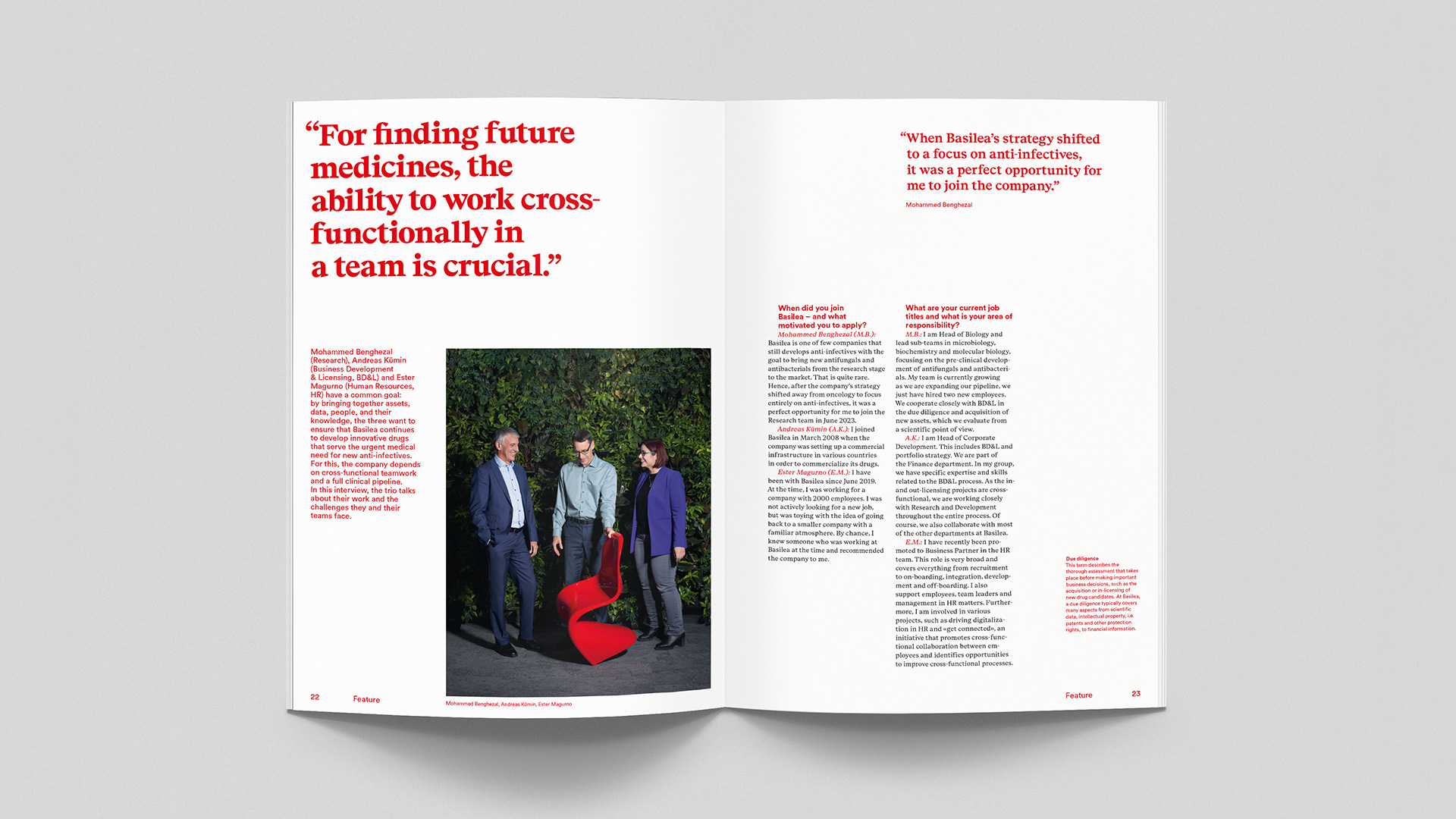 Doppelseite mit Zitat, Lauftext und Teambild aus Basilea Annual report
