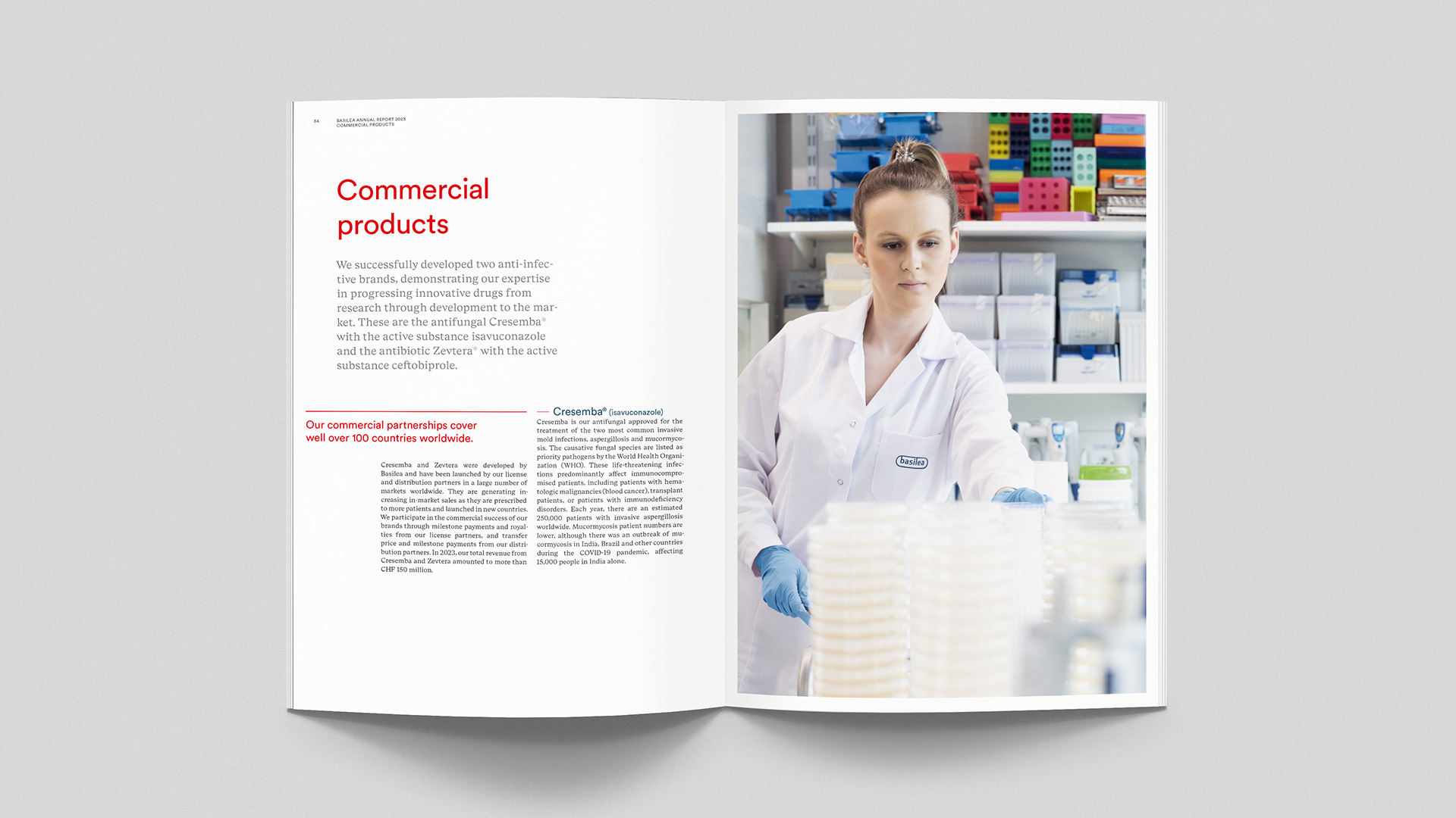 Doppelseite Lauftext und Bild von Forscherin in Labor aus Basilea Annual report
