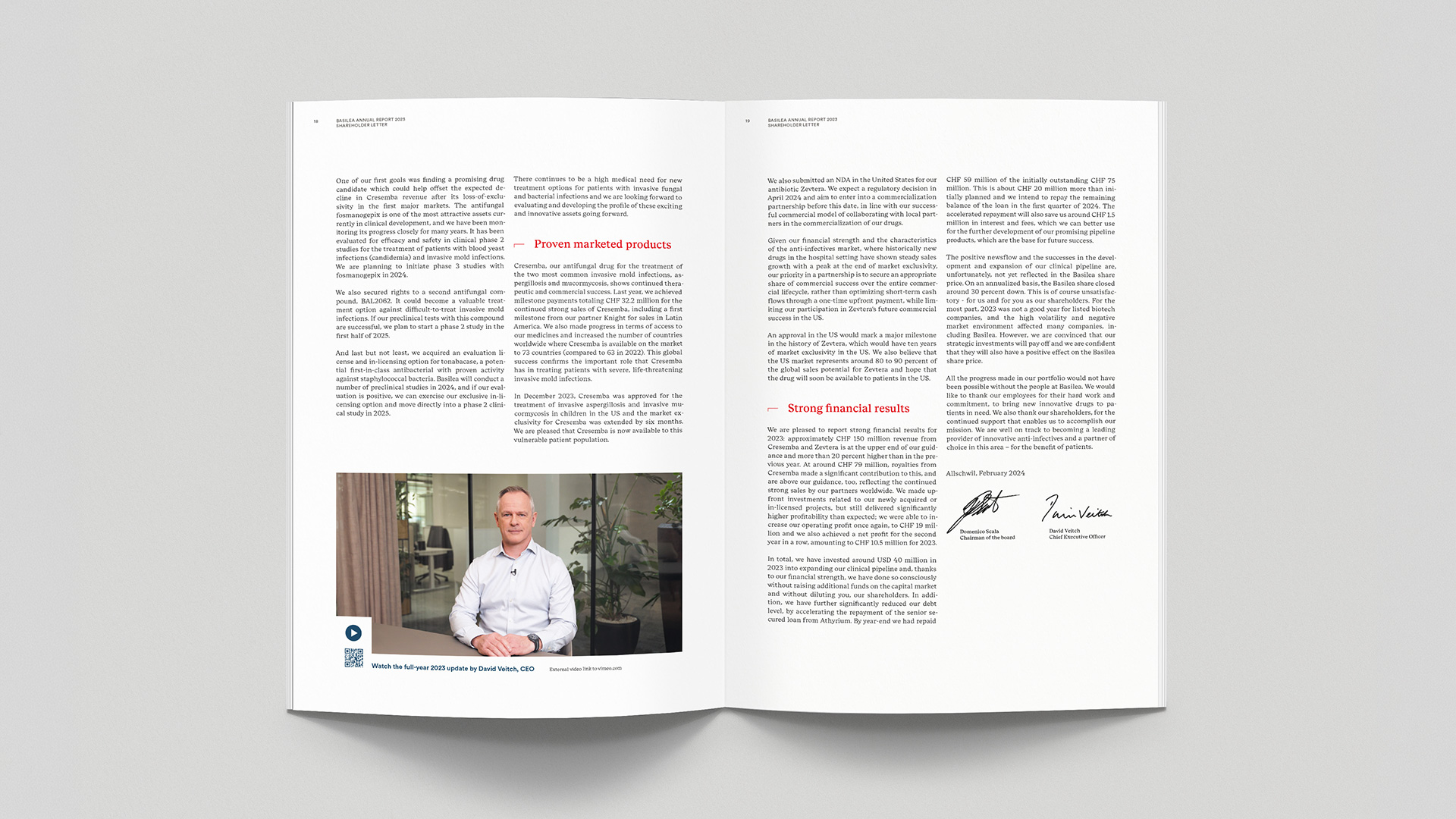 Doppelseite mit Porträts von David Veitch und Lauftext aus Basilea Annual report