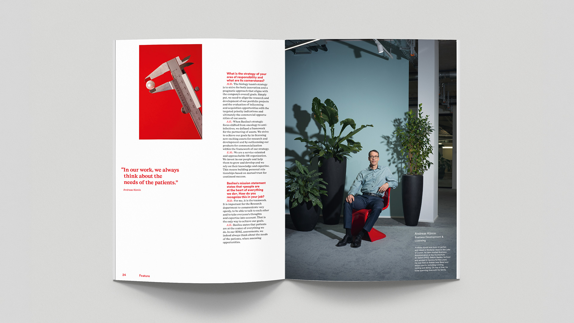 Doppelseite mit Key Visual, Personenporträt und Lauftext aus Basilea Annual report