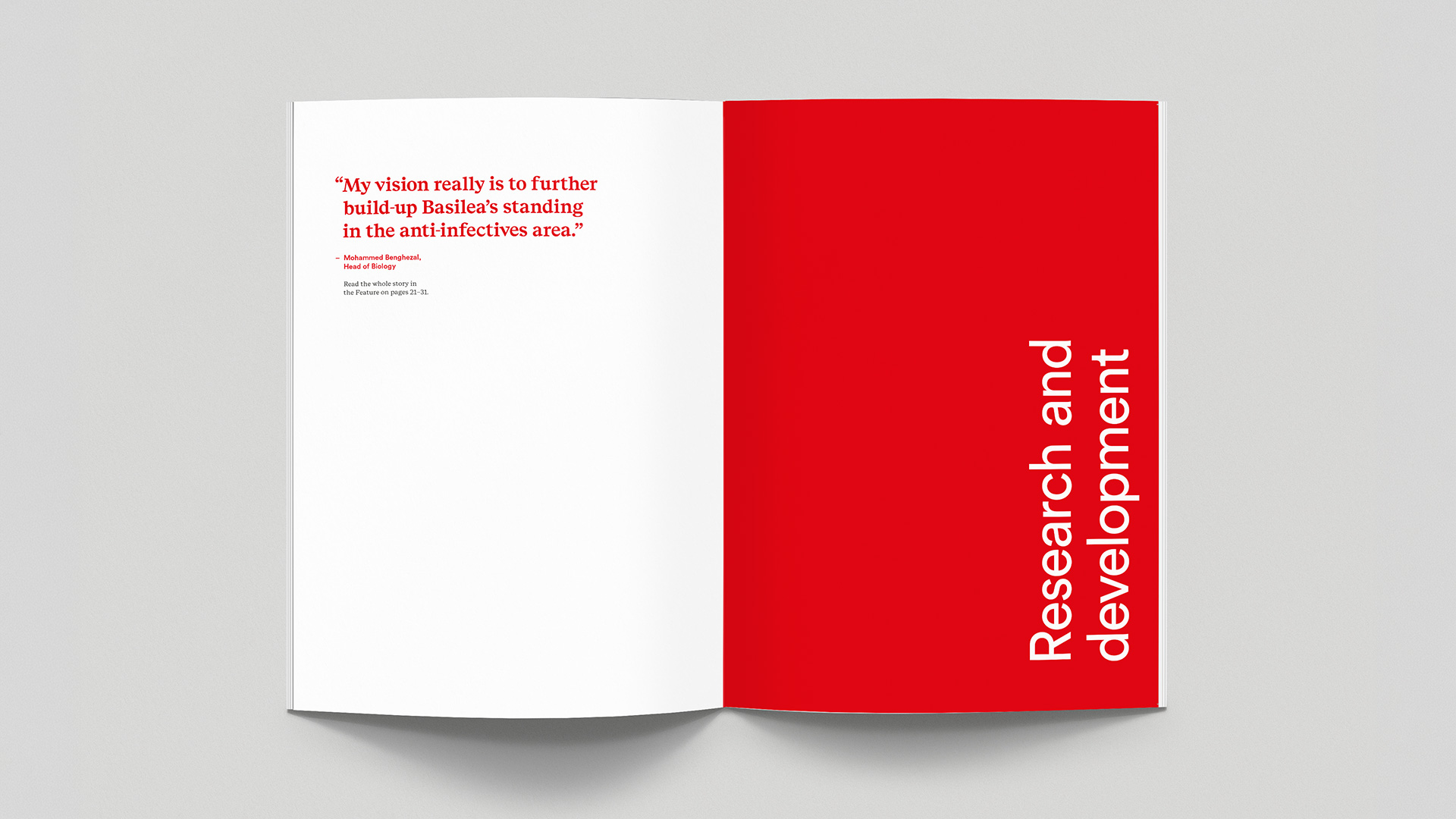 Doppelseite mit Zitat und Kapitelopener «Research and development» aus Basilea Annual report
