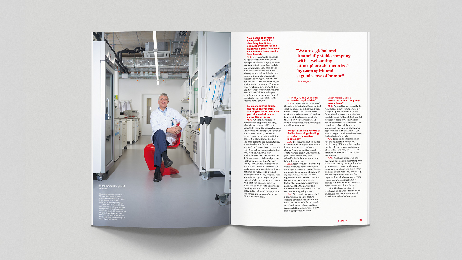 Doppelseite mit Personenporträt und Lauftext aus Basilea Annual report