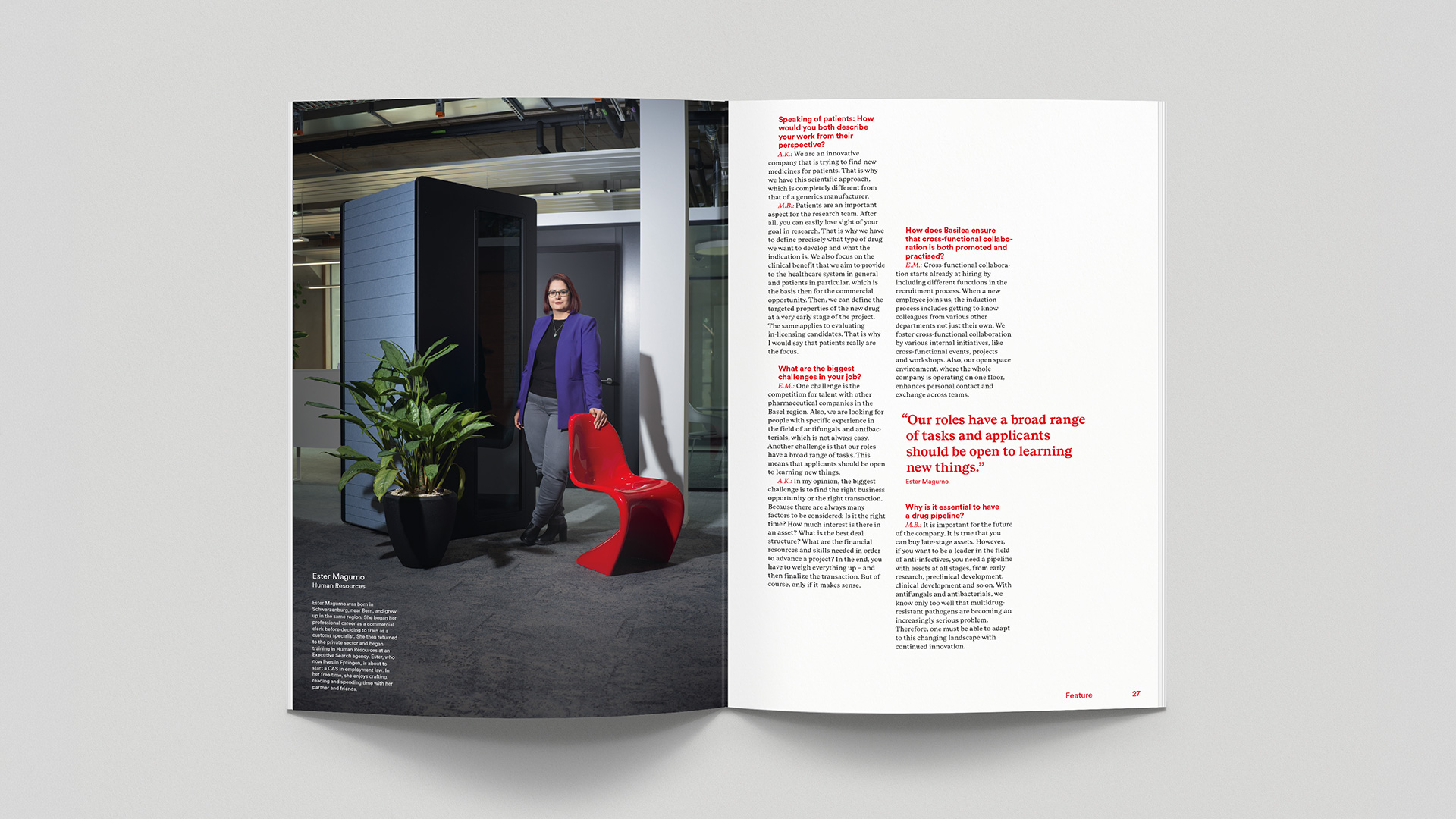 Doppelseite Personenporträt und Lauftext aus Basilea Annual report