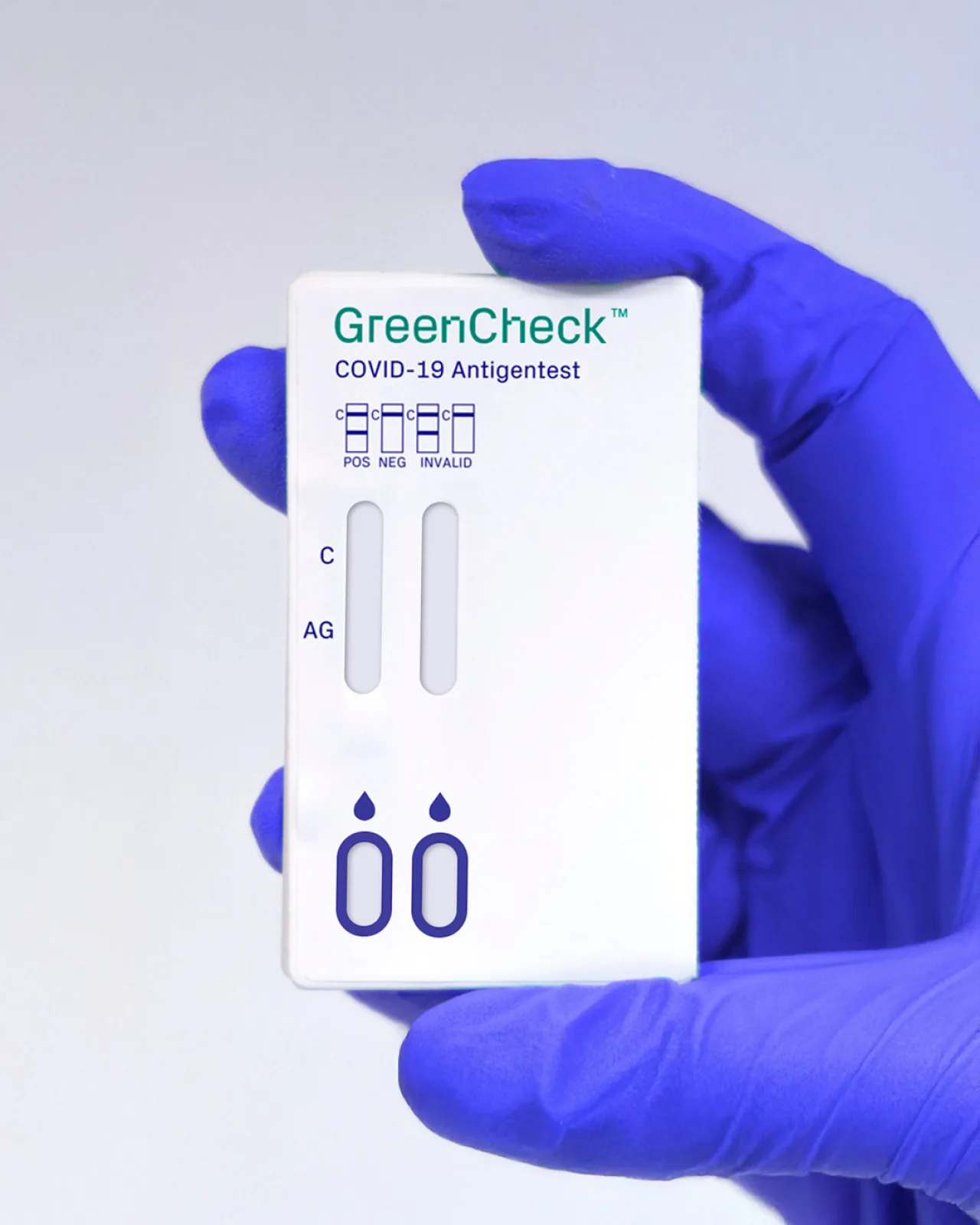 GreenCheck lateral flow Test gehalten von einer Hand mit blauen Handschuhen