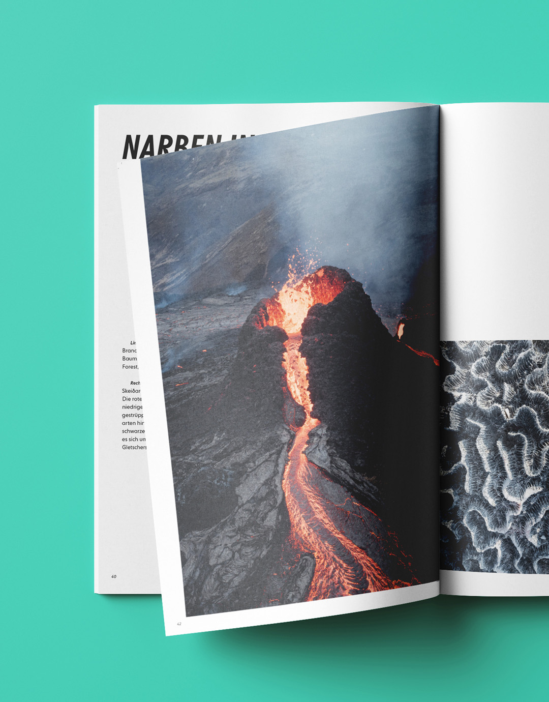 Seite aus Magazin. Landschaftsaufnahme Vulkanausbruch
